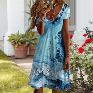 Mini-jurk met V-hals en blauwe print