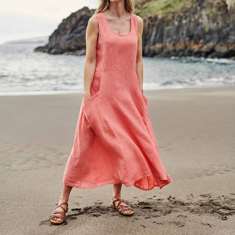 Casual effen kleur mouwloze katoenen jurk