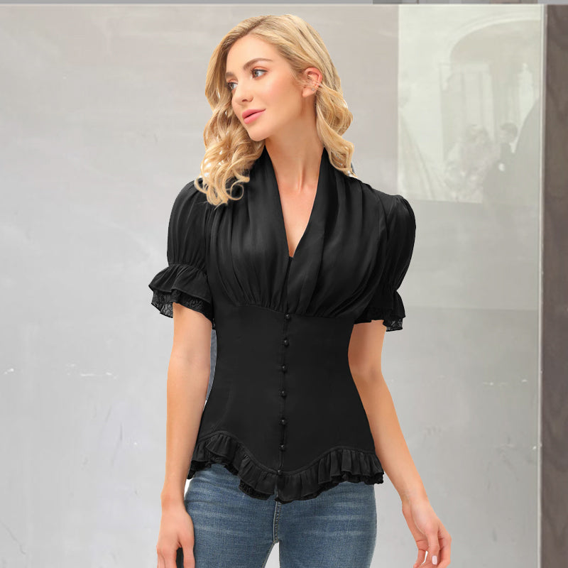V-hals blouse met veters en korte mouwen