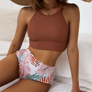 Hoge taille bikini met kleurvlakken en bladprint