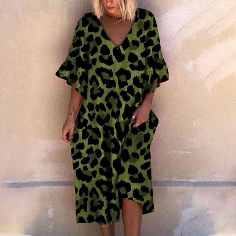 Losse jurk met V-hals en luipaardprint