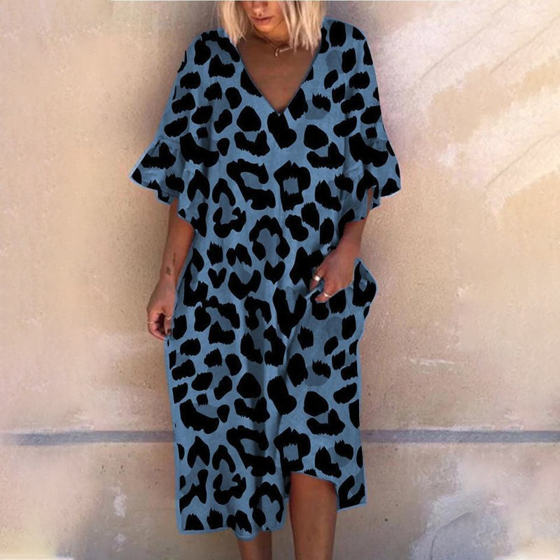 Losse jurk met V-hals en luipaardprint