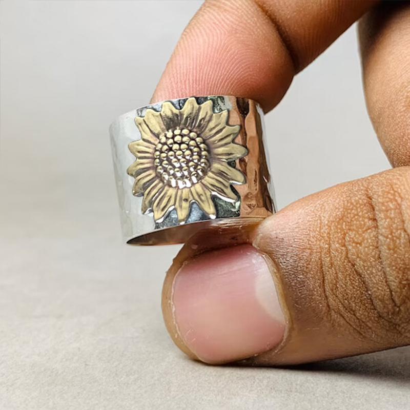 Golden Sunflower Wide Band Silver Ring