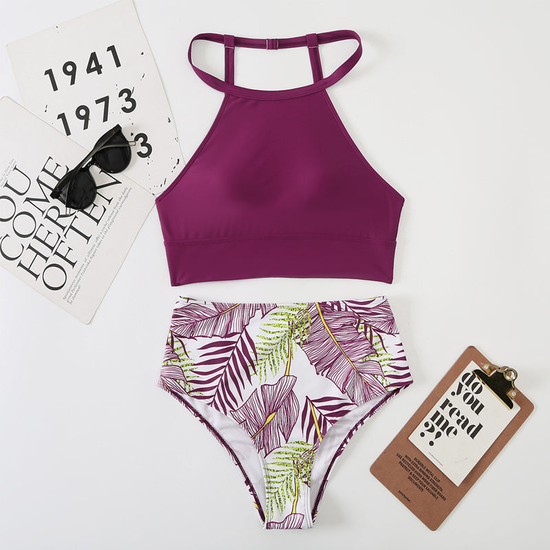 Hoge taille bikini met kleurvlakken en bladprint