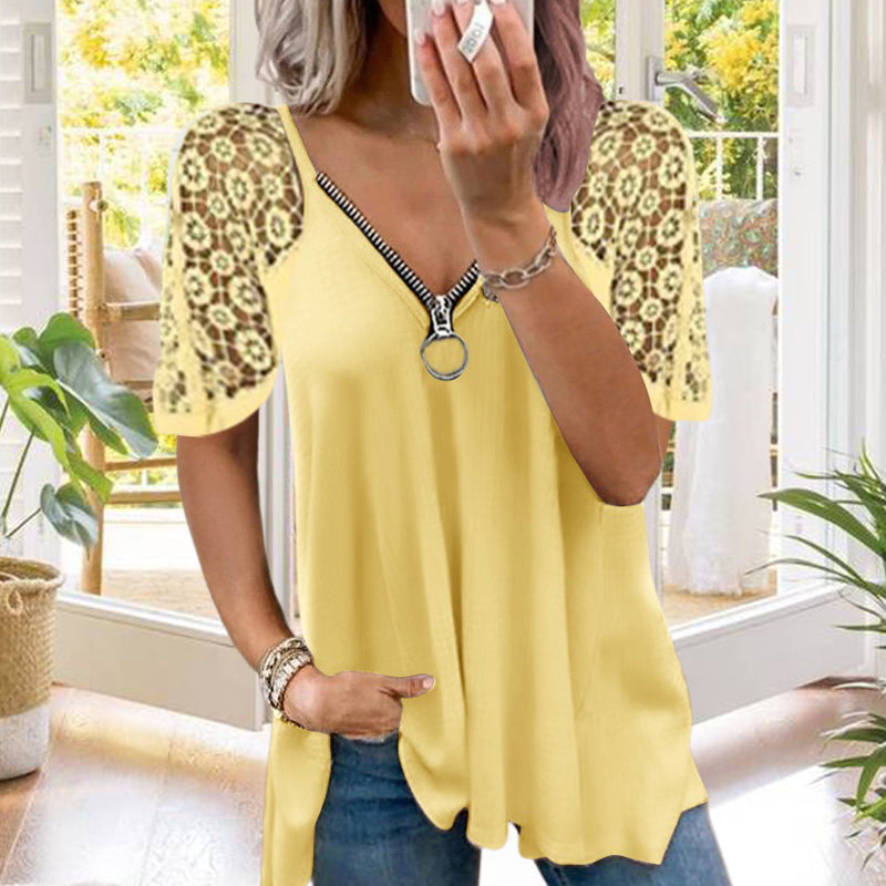 Effen kleur kanten los T-shirt met korte mouwen en rits