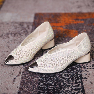Holle mesh schoenen met spitse neus en stevige hak