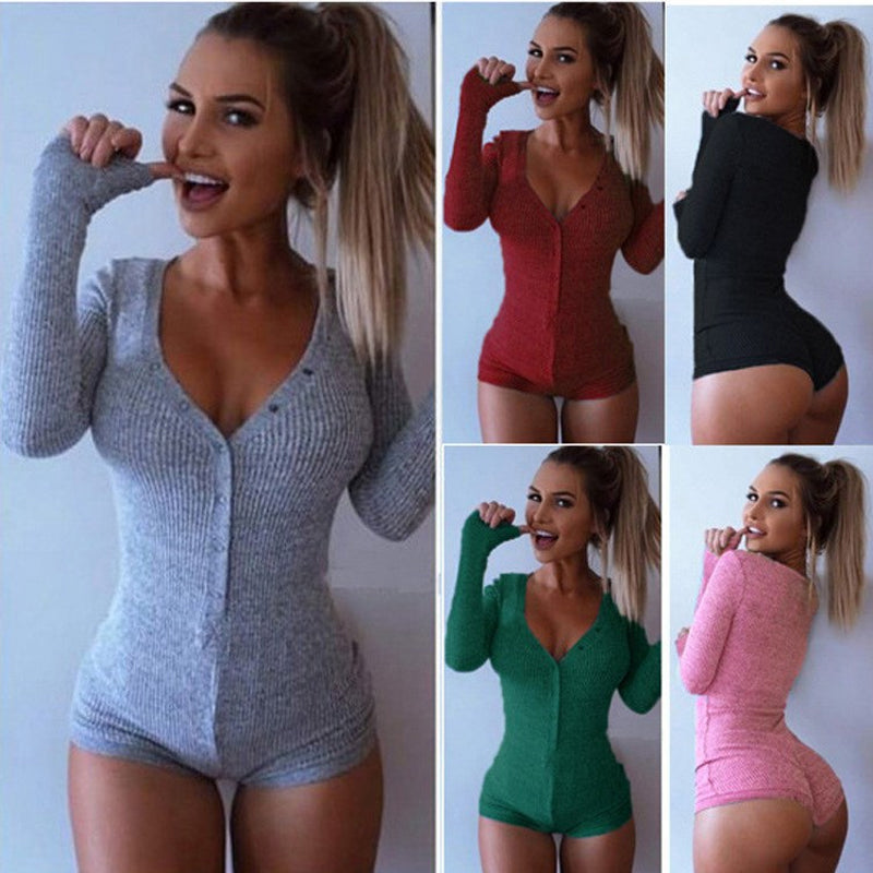 Sexy bodycon bodysuit met V-hals en drukknopen