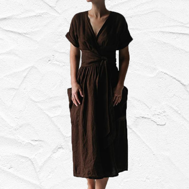 Jurk met V-hals, hoge taille en korte mouwen voor dames