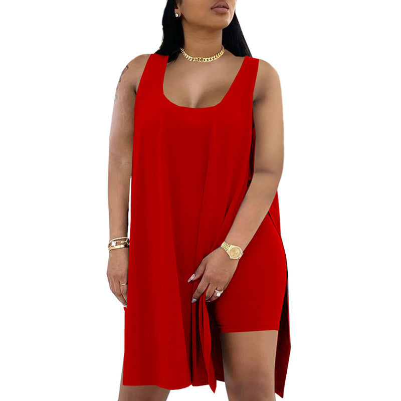 U-hals mouwloze jurk en shorts set