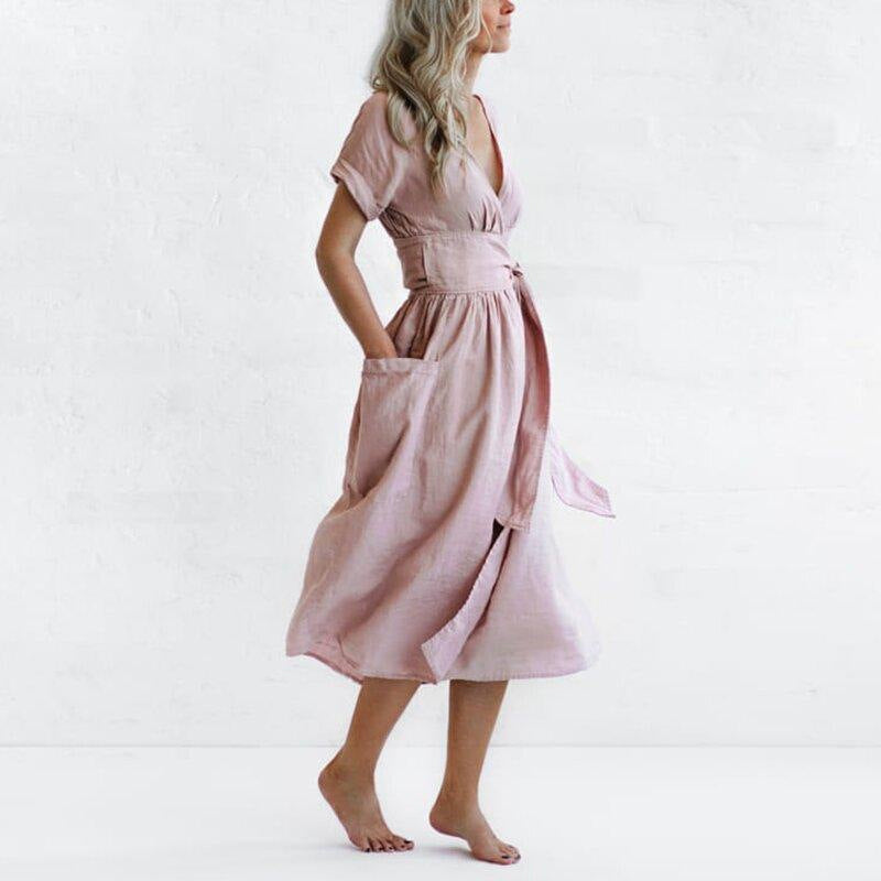 Jurk met V-hals, hoge taille en korte mouwen voor dames