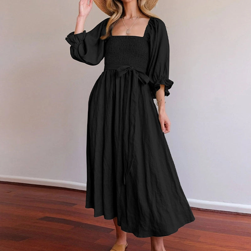 Multi-wear jurk met Franse ruches en lantaarnmouwen