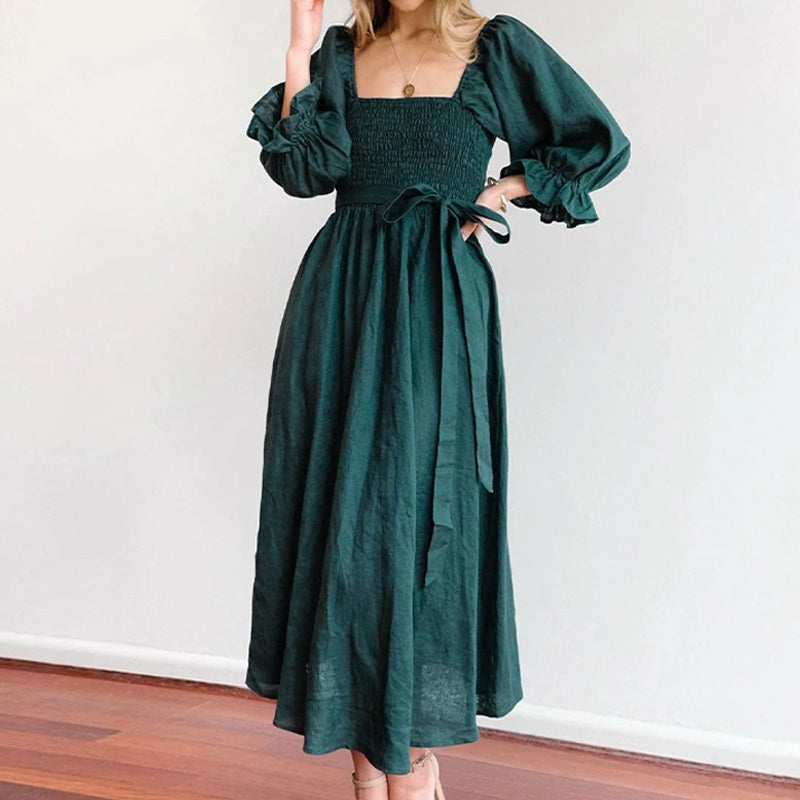 Multi-wear jurk met Franse ruches en lantaarnmouwen