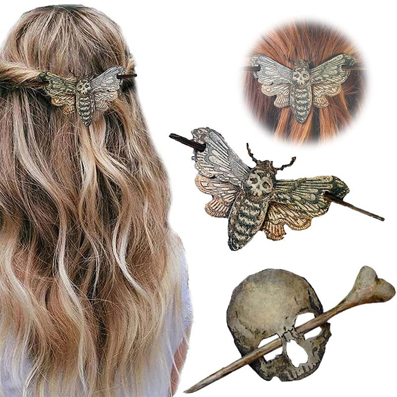 Death Moth/Skull Hair Pin Stick Slide met Faux Bone