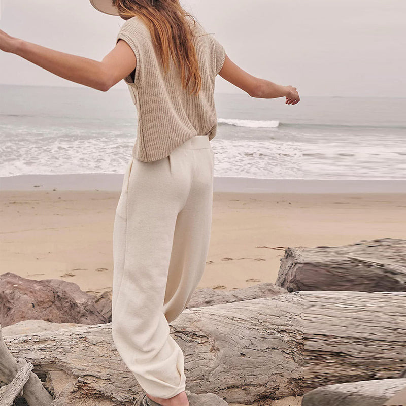 Effen kleur gebreide tweedelige damesset