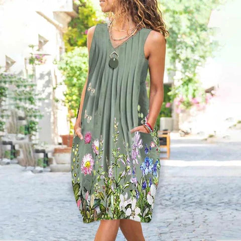 Gebloemde A-lijn jurk met korte mouwen en een ronde halslijn