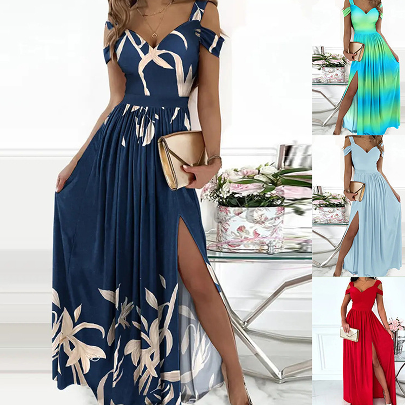 Off-the-shoulder jurk met V-hals en split