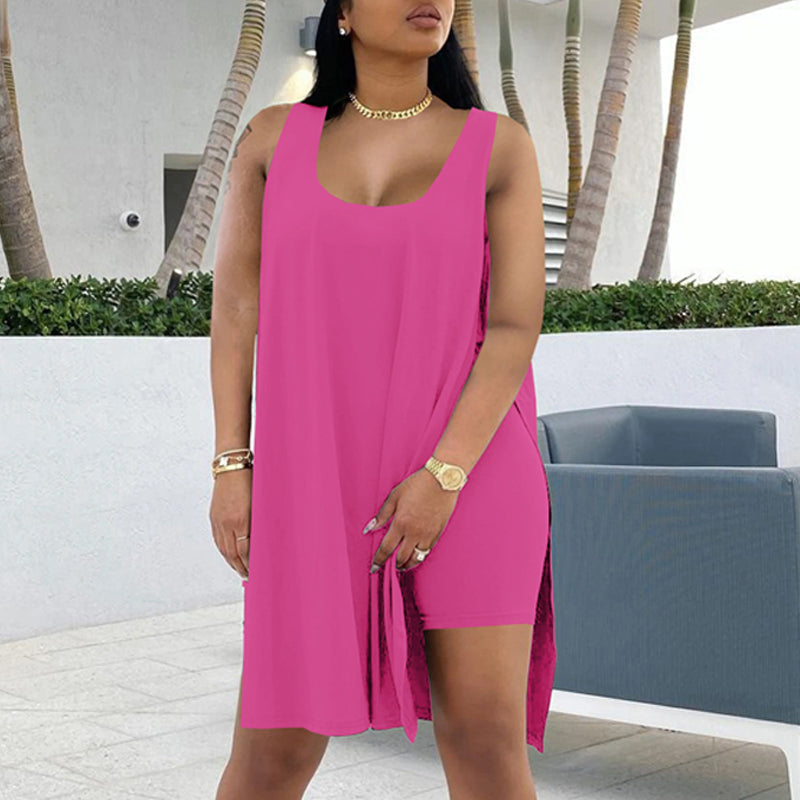 U-hals mouwloze jurk en shorts set