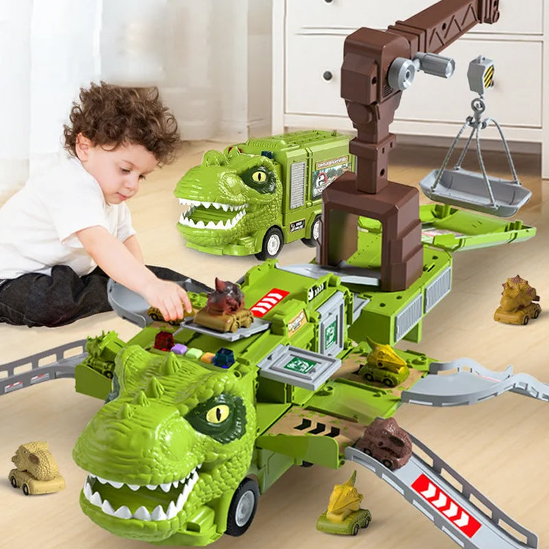 Nieuwe dinosaurus-transformerende technische vrachtwagenbaanspeelgoedset