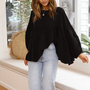 Top met ronde hals en lantaarn met lange mouwen