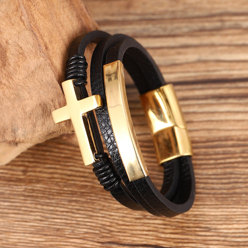 Cross gevlochten meerlagige lederen armband