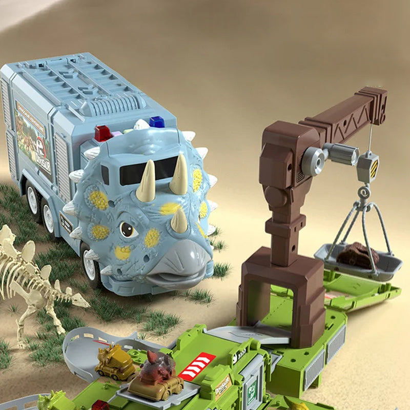 Nieuwe dinosaurus-transformerende technische vrachtwagenbaanspeelgoedset
