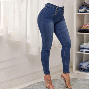 Double-breasted skinny jeans met hoge taille