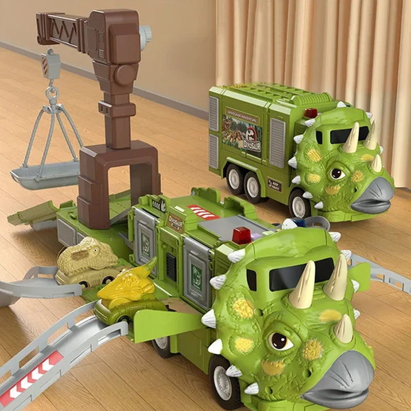 Nieuwe dinosaurus-transformerende technische vrachtwagenbaanspeelgoedset