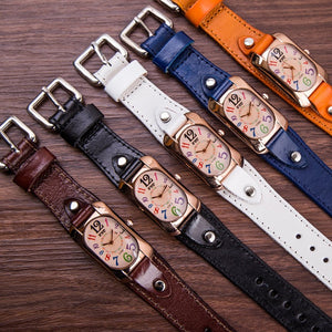 Vintage lederen quartz stenen dameshorloge