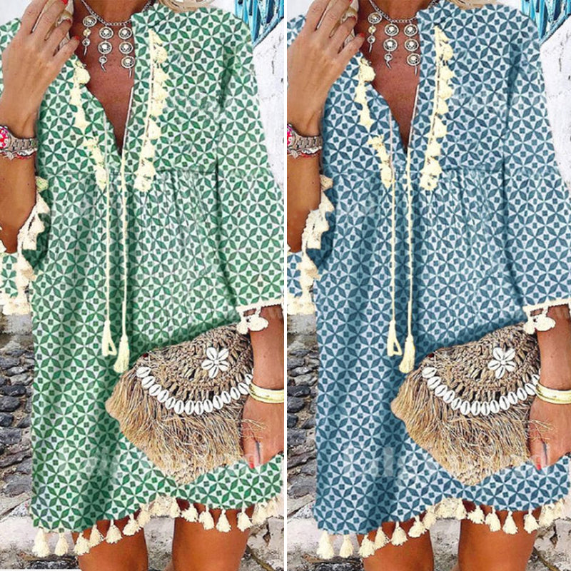 Producten Jurk met V-hals en franjes met ruches