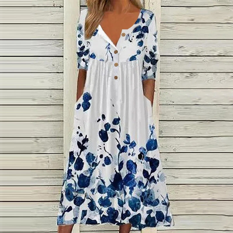 Jurk met V-hals en zak met print