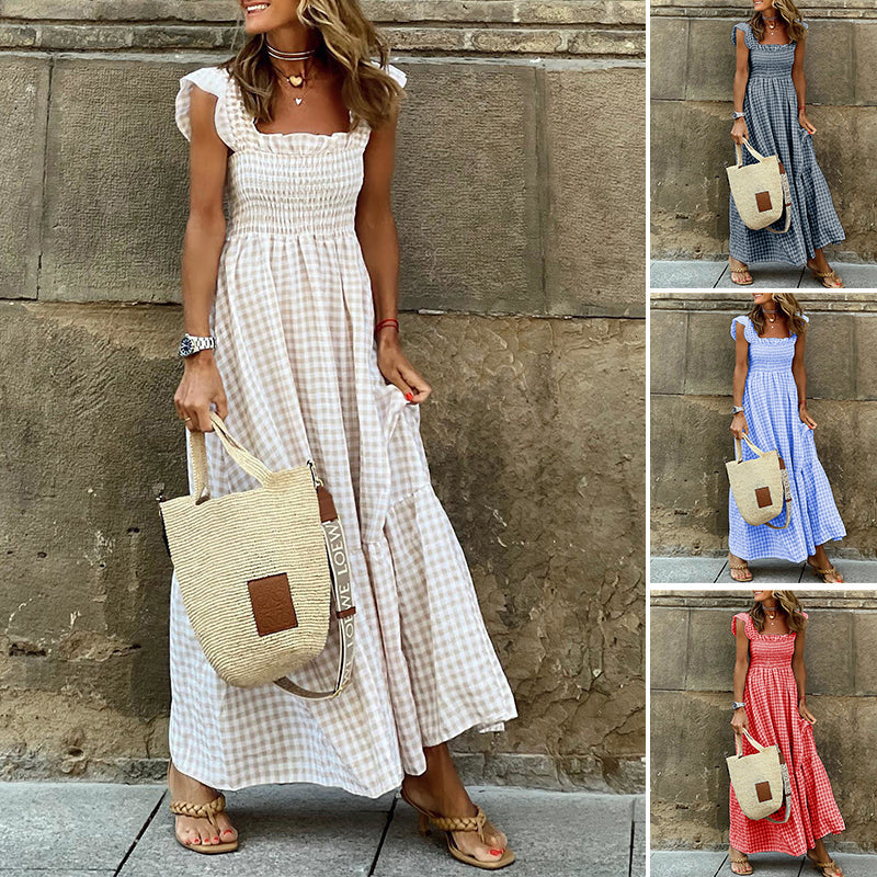 Geruite gesmokte buste maxi-jurk