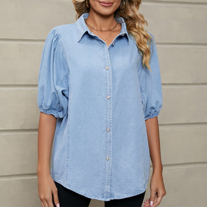 Light Blue Button Half Sleeve Shirt Collar Blouse