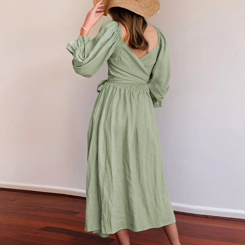 Multi-wear jurk met Franse ruches en lantaarnmouwen