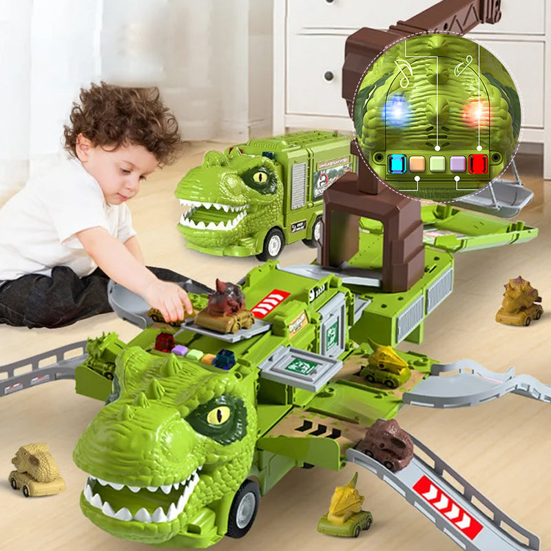 Nieuwe dinosaurus-transformerende technische vrachtwagenbaanspeelgoedset
