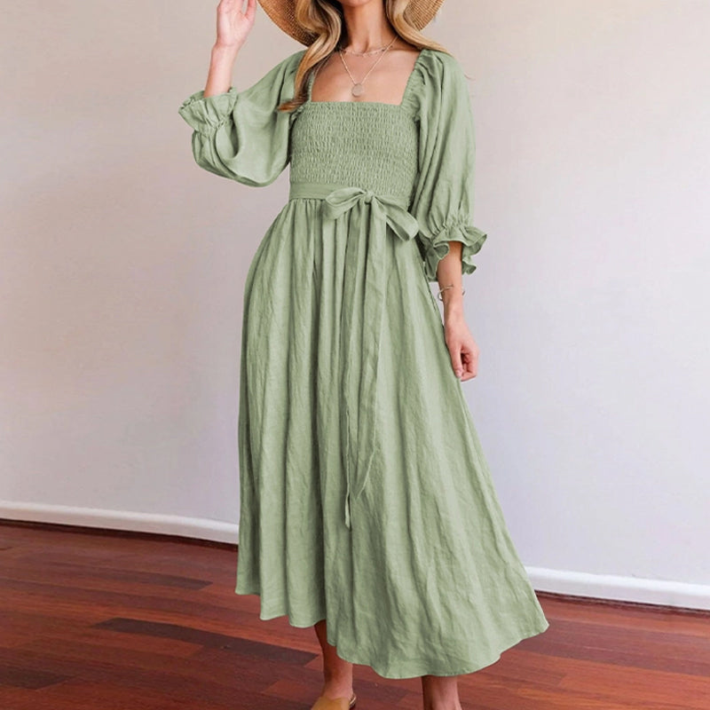 Multi-wear jurk met Franse ruches en lantaarnmouwen