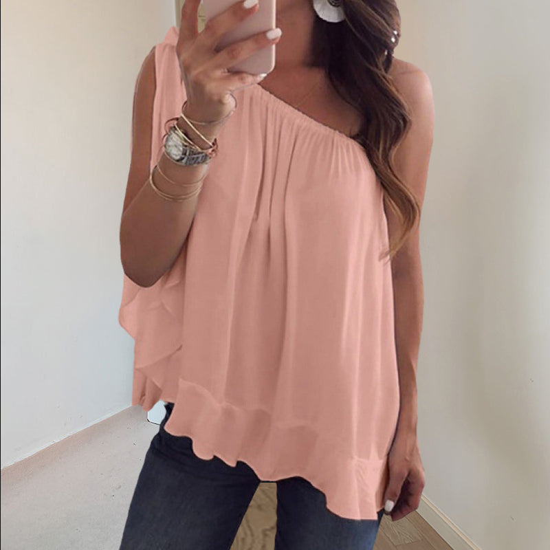 Een schouder gegolfde tops T-shirt losse casual bloes