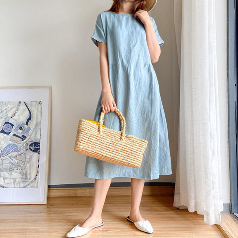 Effen kleur losvallende jurk met korte mouwen