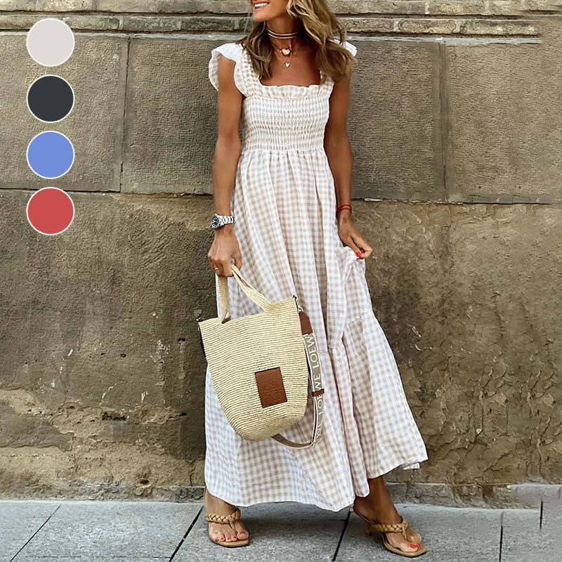 Geruite gesmokte buste maxi-jurk