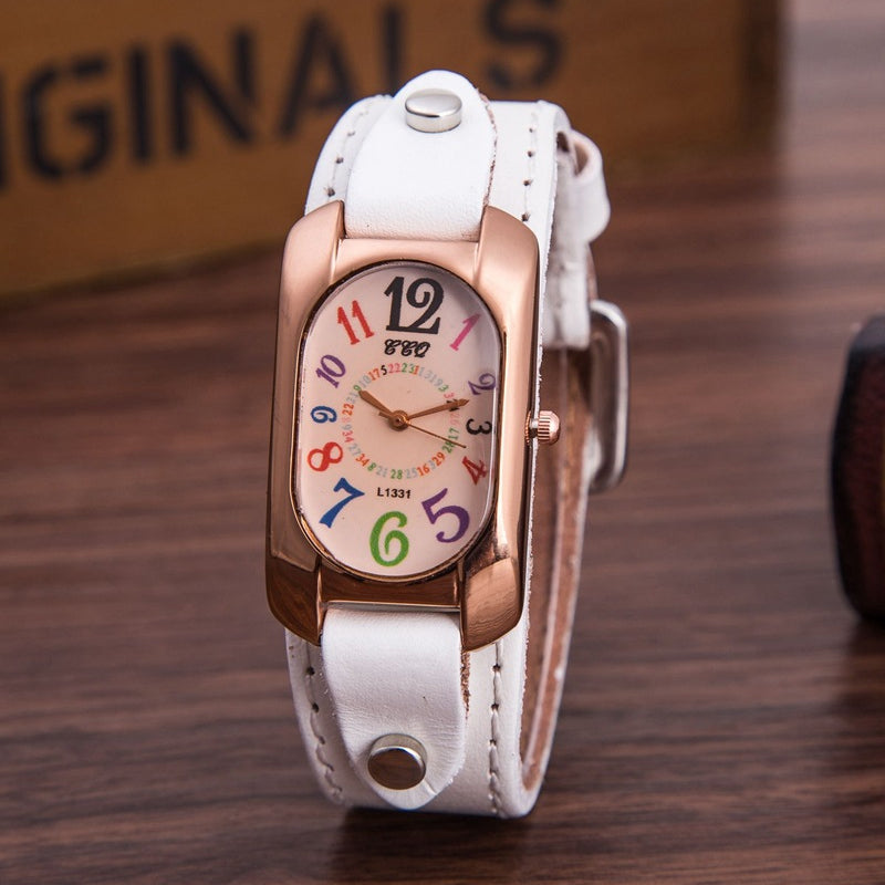 Vintage lederen quartz stenen dameshorloge