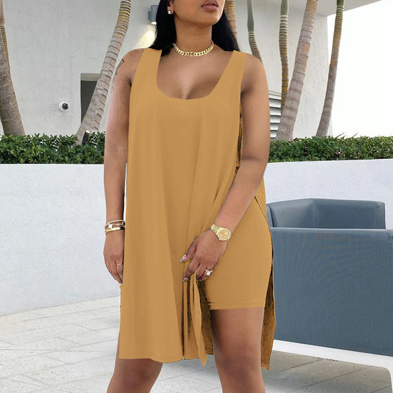 U-hals mouwloze jurk en shorts set