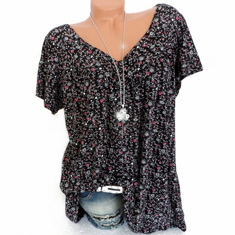 T-shirt met V-hals en losse print