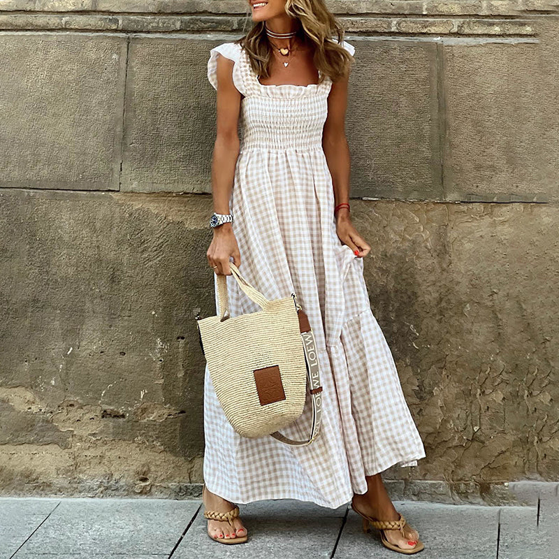 Geruite gesmokte buste maxi-jurk