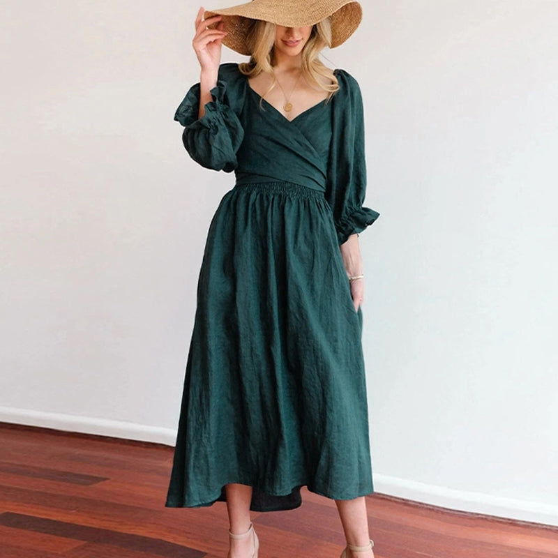 Multi-wear jurk met Franse ruches en lantaarnmouwen