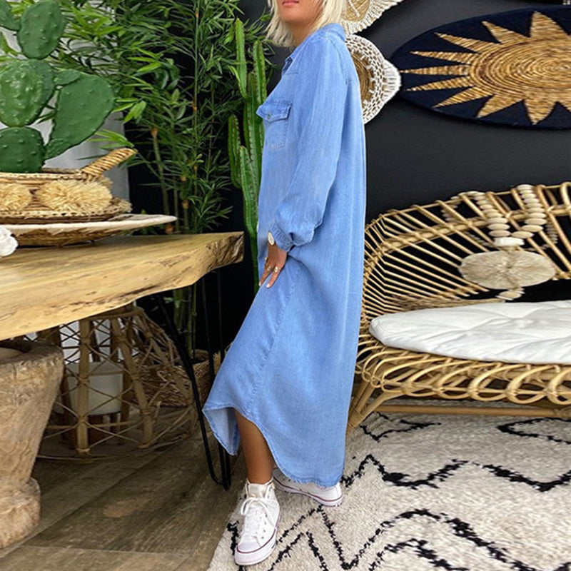 Casual spijkerjurk in effen kleur met lange mouwen voor dames（Pre-sale）