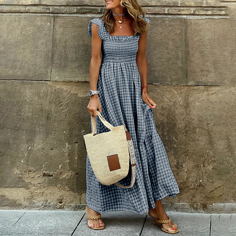 Geruite gesmokte buste maxi-jurk