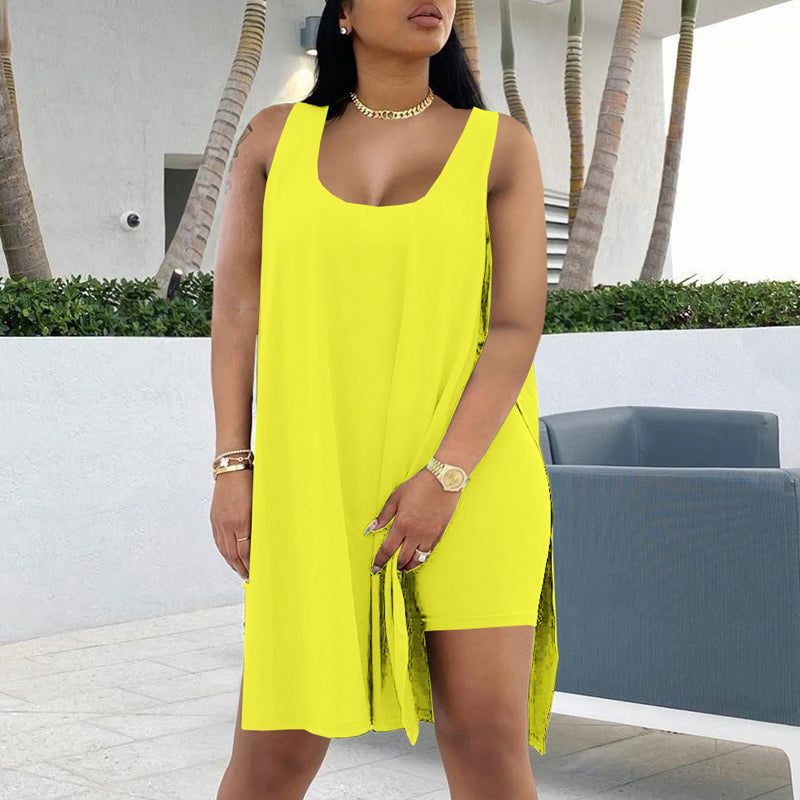 U-hals mouwloze jurk en shorts set