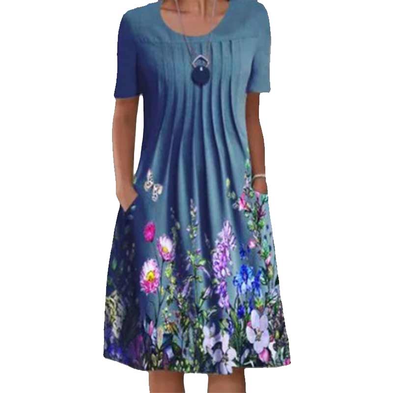 Gebloemde A-lijn jurk met korte mouwen en een ronde halslijn