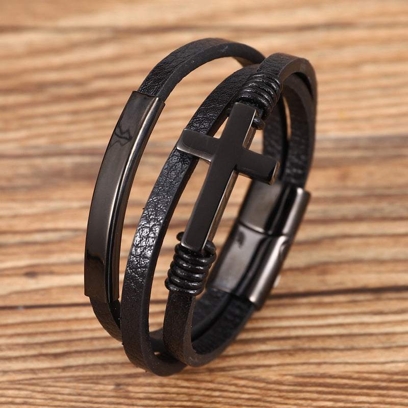 Cross gevlochten meerlagige lederen armband
