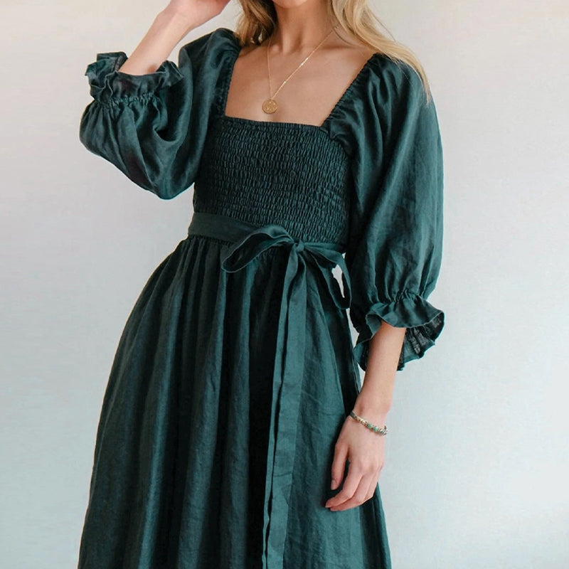 Multi-wear jurk met Franse ruches en lantaarnmouwen