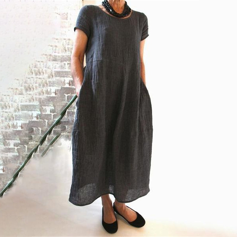 Losse katoenen jurk met ronde hals in effen kleur